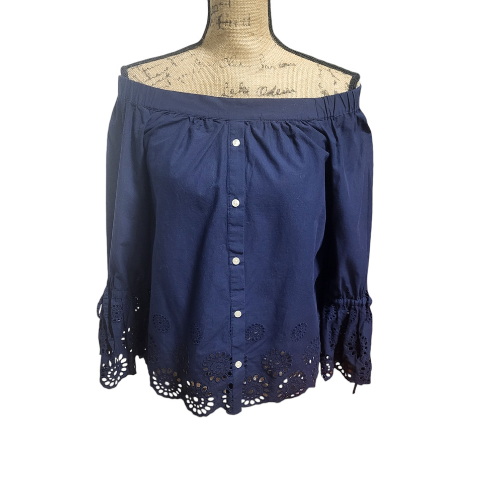 Isabella Sinclair navy blue off shoulder, eyelet detail top, size small